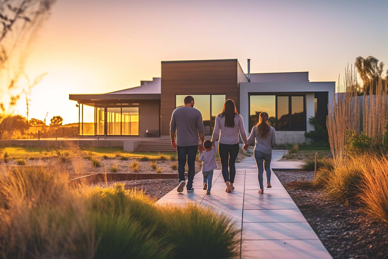 Family walking towards modern home